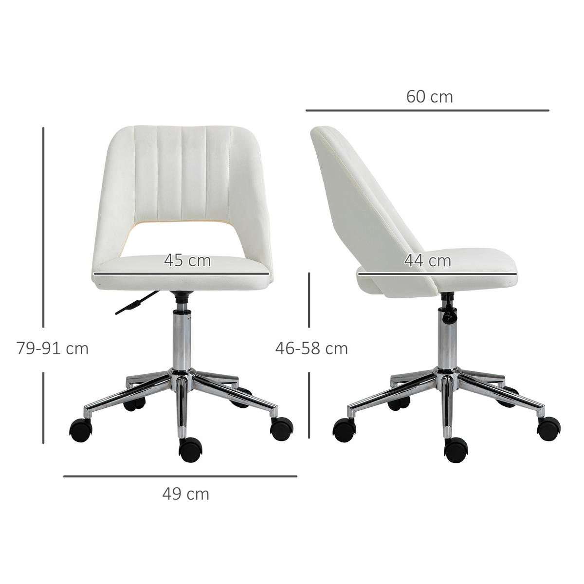 HÖHENVERSTELLBARER Schreibtischstuhl mit Rollen, 360° drehbar, Jakobsmuschel-Form, Schaumstoff, 49 x 60 x 79-91 cm, Cremeweiß - Creme, Textil (60/91/49cm)