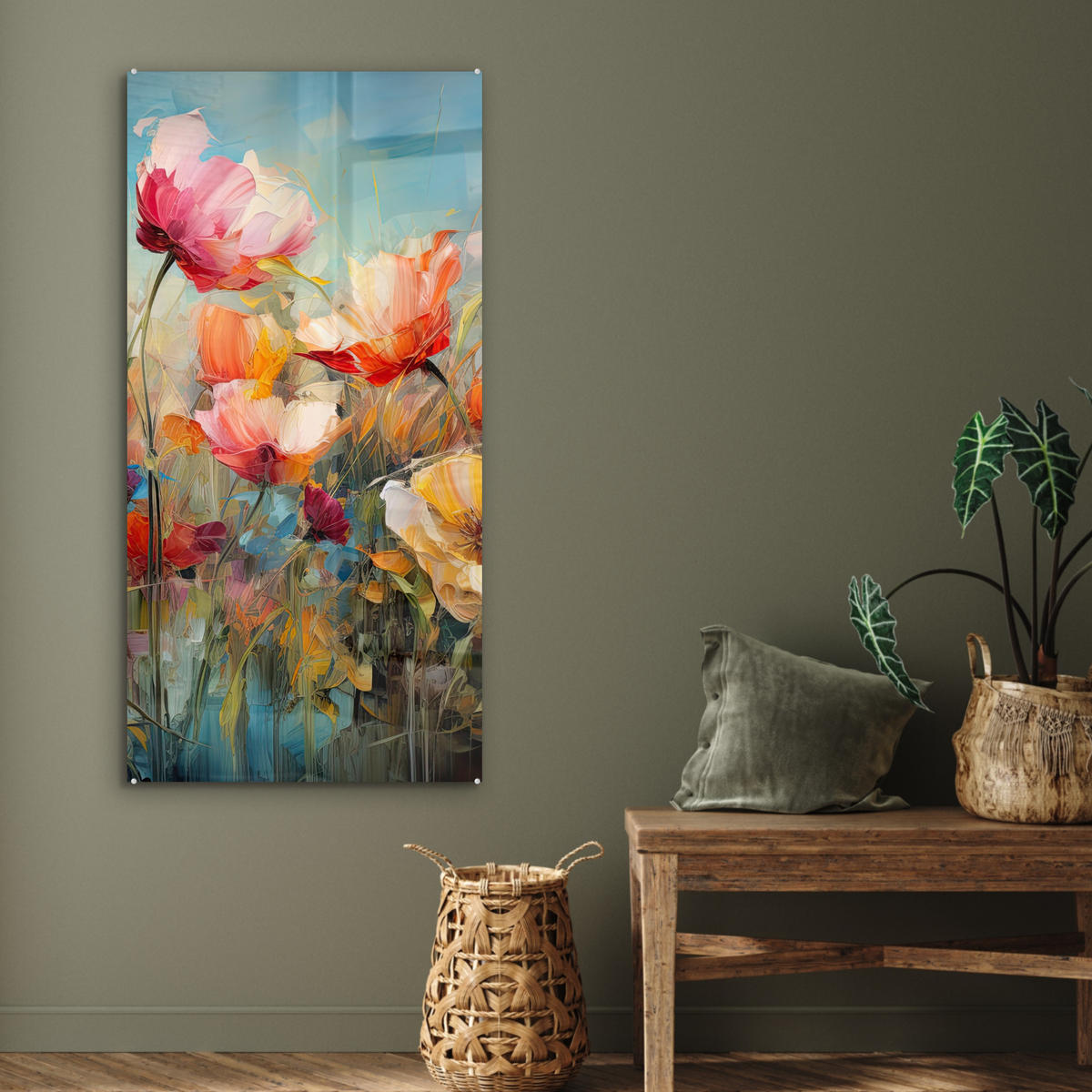ACRYLGLASBILD Blumen - Aquarell - Kunst - Botanisch - Natur 60x120 cm - Orange, Glas (60/120cm) - MuchoWow