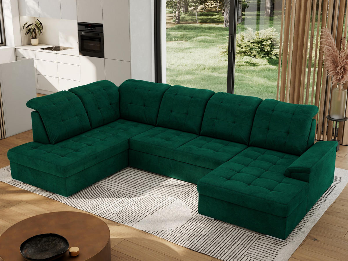 WOHNLANDSCHAFT MADRITO U - DunkelGrün Velorus - Links - Dunkelgrün/Silberfarben, Textil/Metall (204/89/323cm) - MKS
