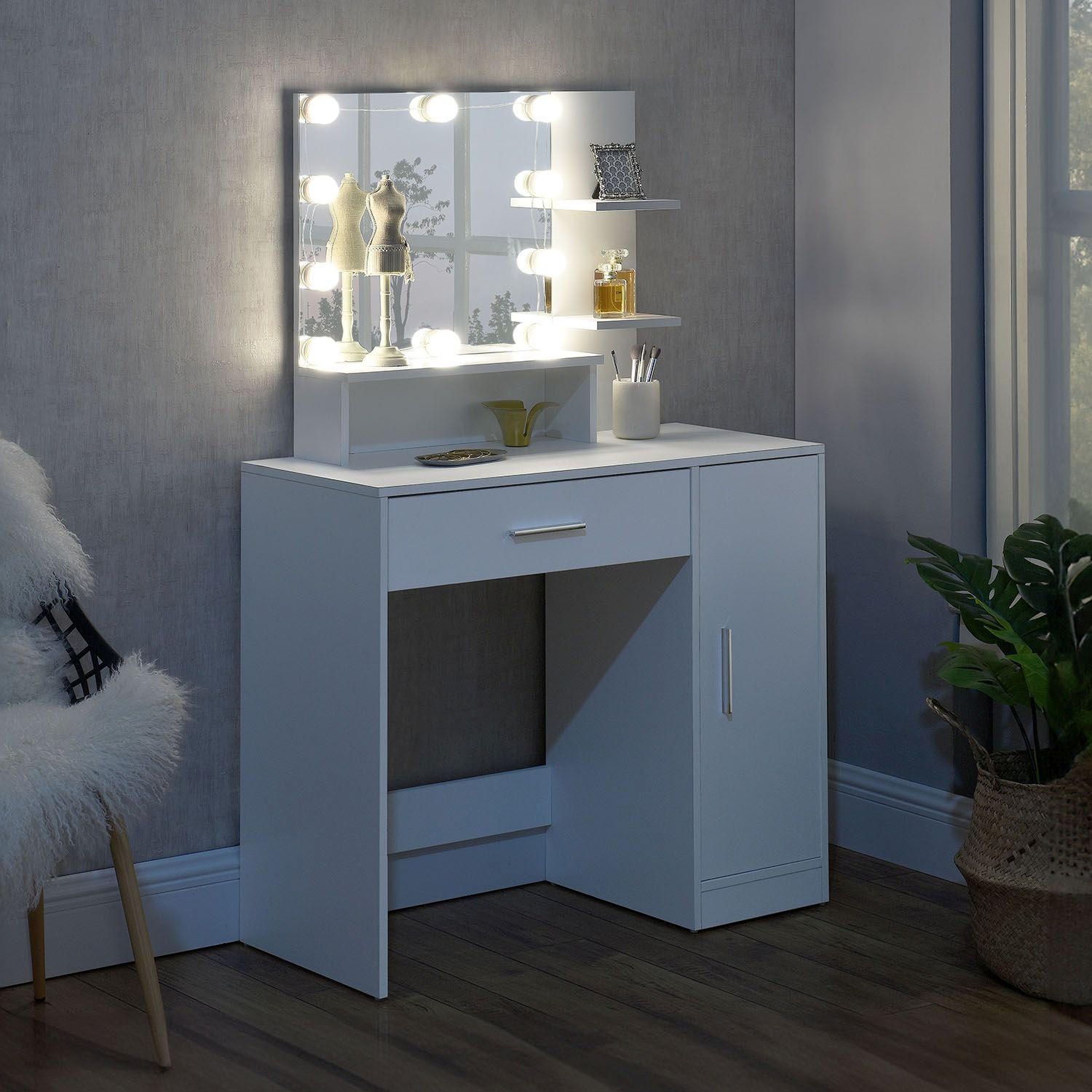 SCHMINKTISCH Zoey mit LED und Schrank - Weiß, Holzwerkstoff (38/137/90cm) - Juskys