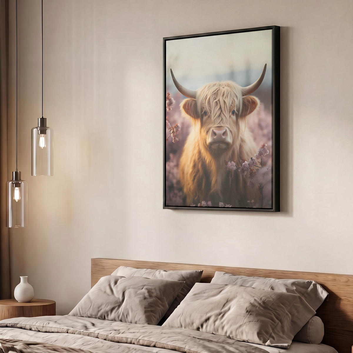 LEINWAND Bilder mit Rahmen - Schottischer Hochländer - Frühling - Hochland - 50x70 - Hellrosa, Textil (50/70cm) - MuchoWow