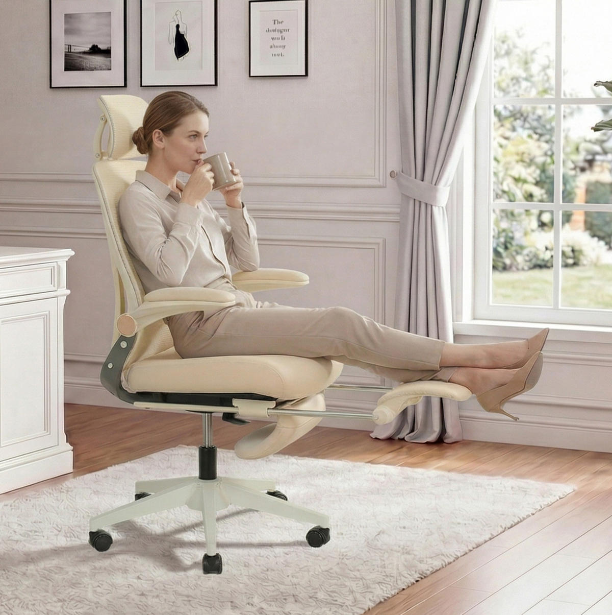 DREHSTUHL 67/67/129 cm cream aus Schaumstoff mit klappbarer Rückenlehne und Kopfstütze - Creme, Kunststoff (62/129/48.5cm) - OKWISH