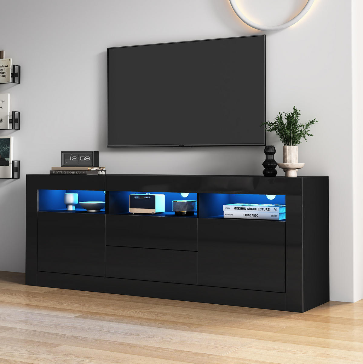 LOWBOARD 160/35/60 cm in Schwarz aus Spanplatte mit Hochglanzfront und LED-Beleuchtung - Schwarz, Holzwerkstoff (35/60/160cm) - OKMYHOME