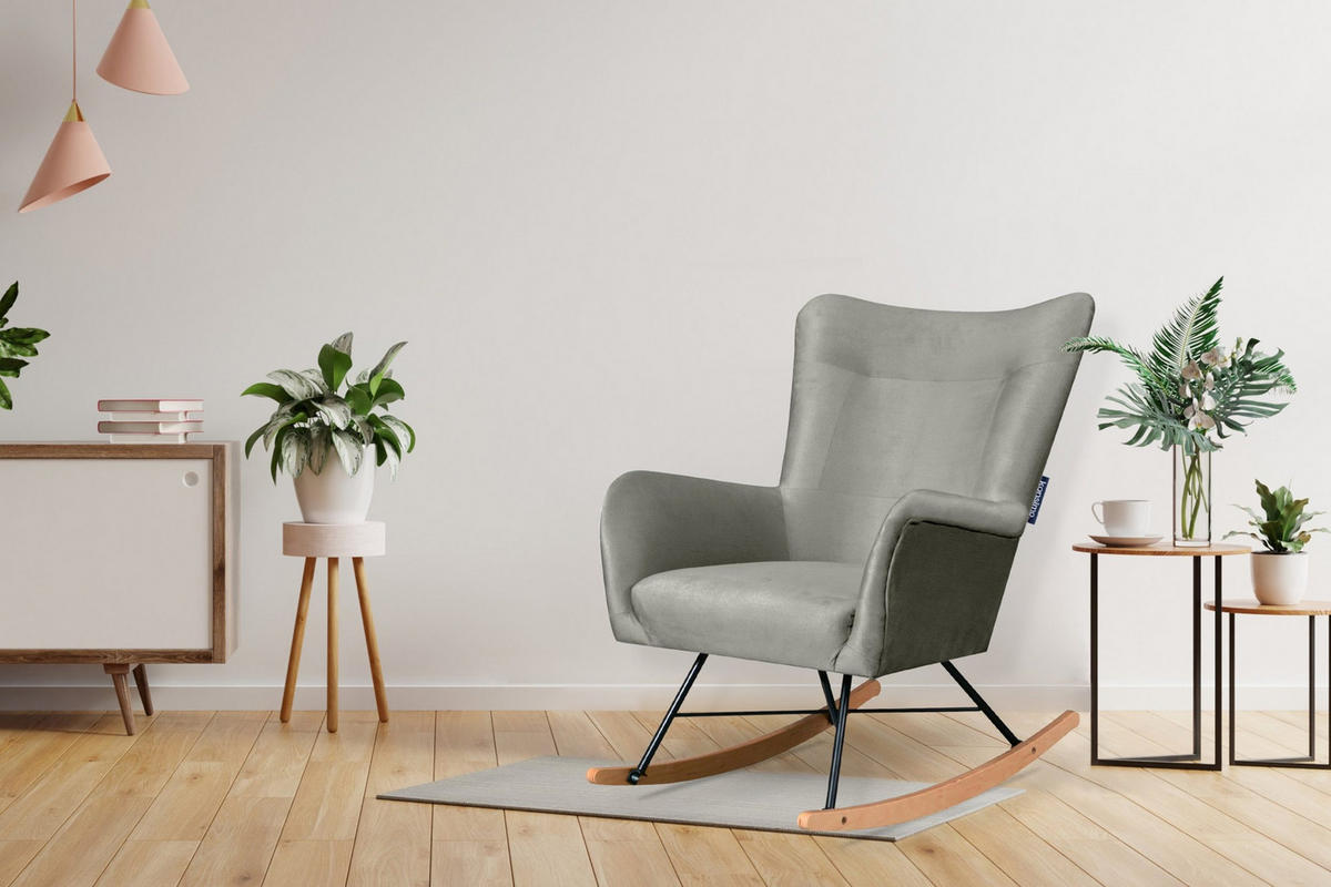 SCHAUKELSESSEL ADDUCTI pflegeleichter Veloursstoff, Grau - Eichefarben/Grau, Holz/Textil (75/94/112cm) - KONSIMO®