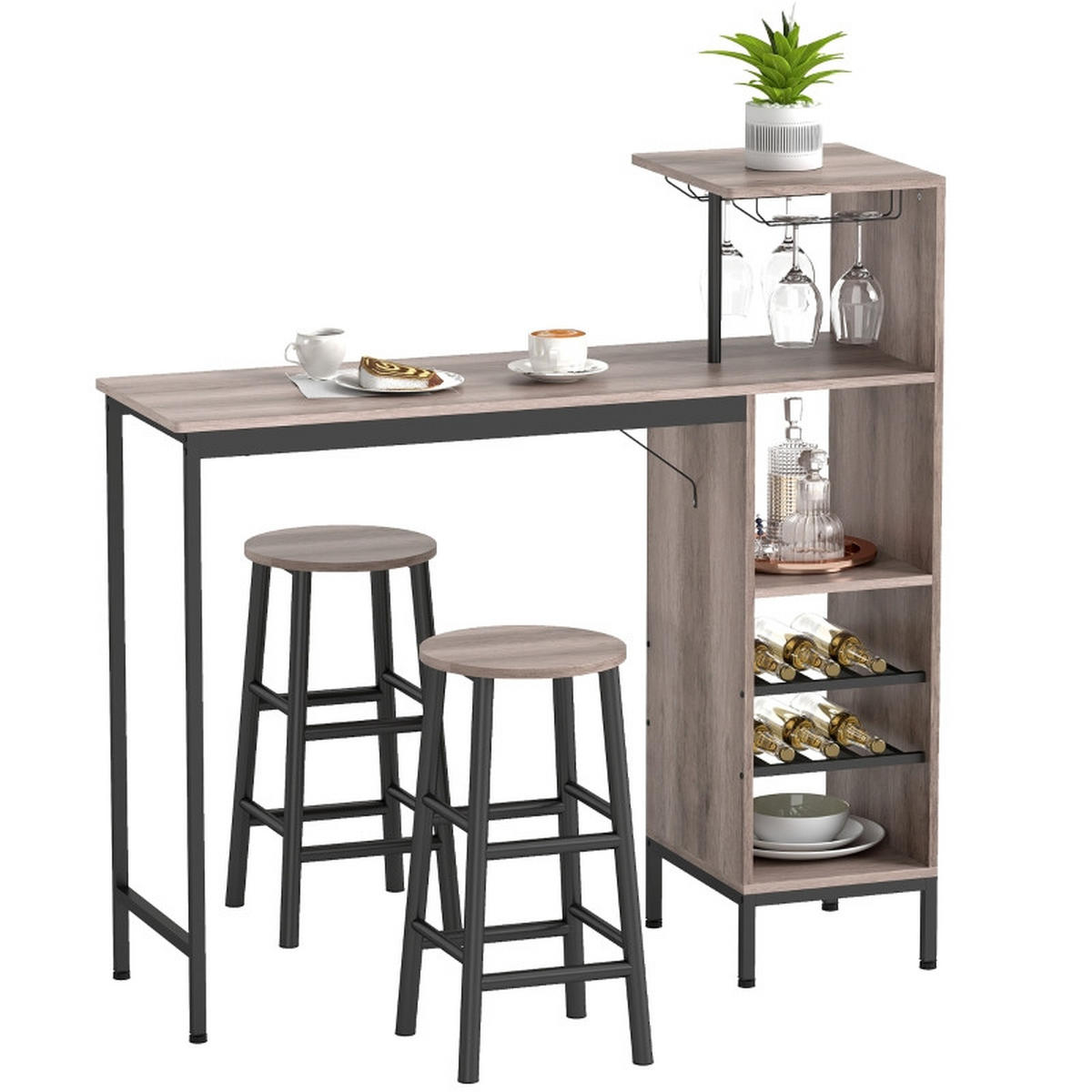 BARTISCH-SET DE-39301 Tisch mit Stauraum und 2 Hockern Grau/Schwarz - Grau, Holzwerkstoff (121.5/122/40cm) - ComfortXL