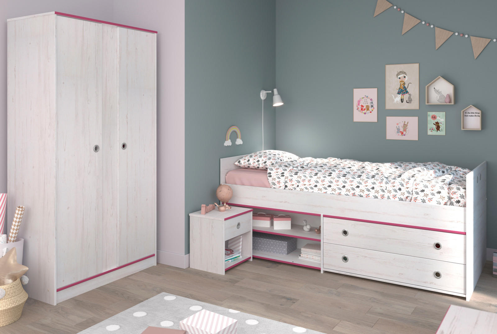 KINDERZIMMER Set mit Bett 90x200 Nachttisch und Kleiderschrank - Weiß/Kieferfarben, Holz/Holzwerkstoff (203/182/95cm) - Parisot Meuble