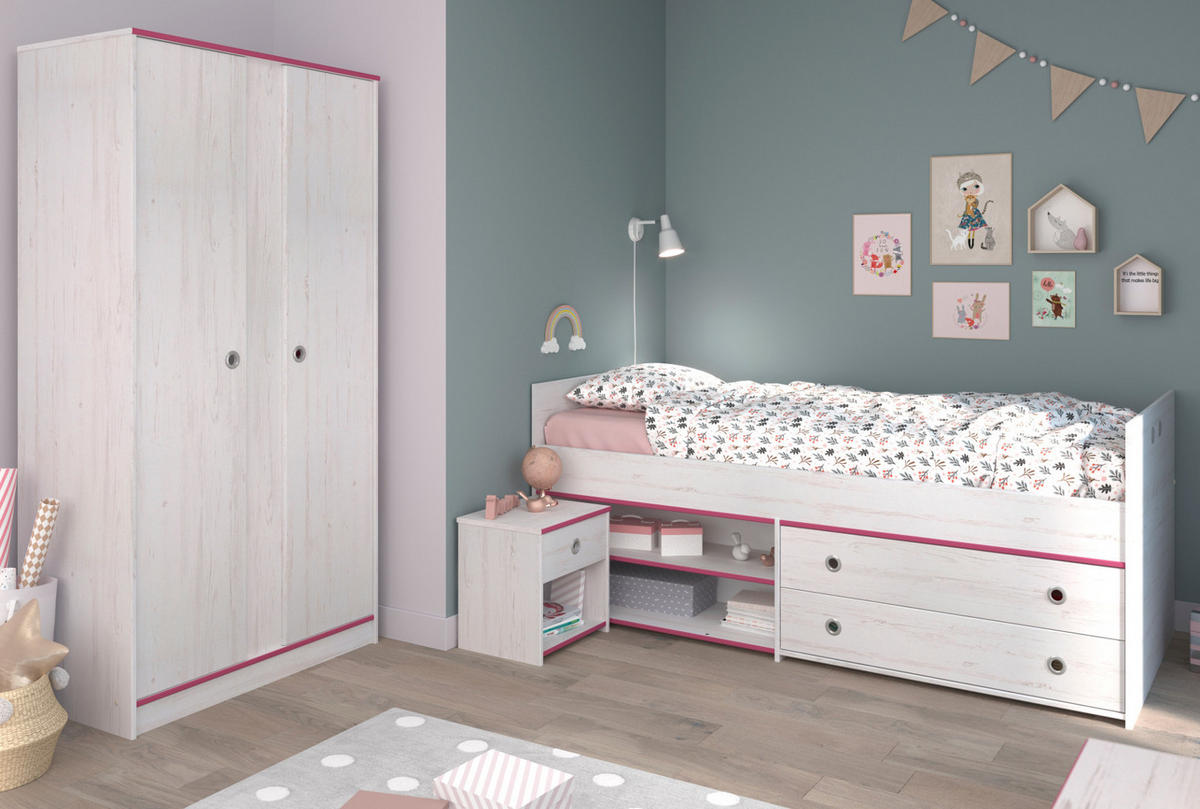 KINDERZIMMER Set mit Bett 90x200 Nachttisch und Kleiderschrank - Weiß/Kieferfarben, Holz/Holzwerkstoff (203/182/95cm) - Parisot Meuble