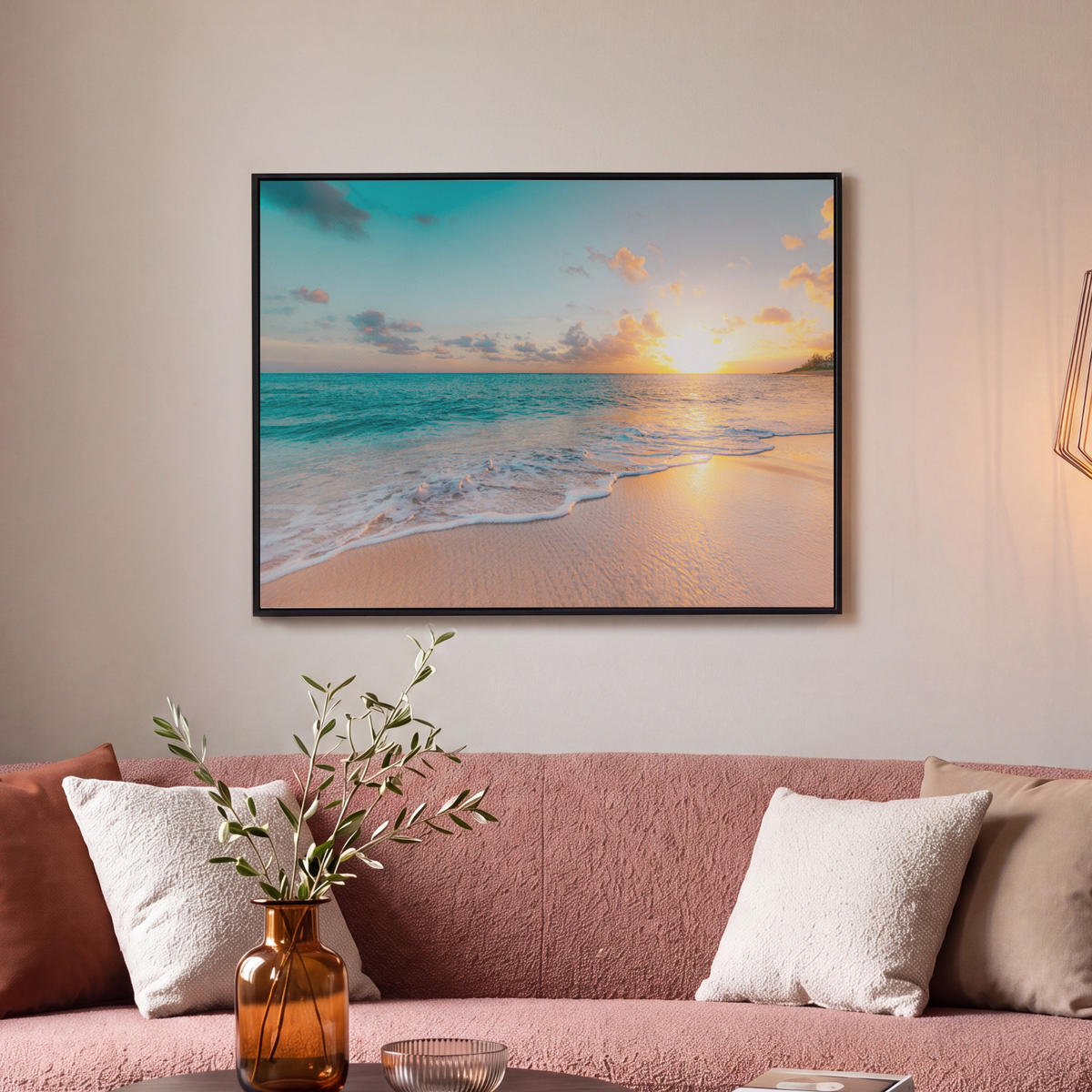LEINWAND Bilder mit Rahmen - Sonnenuntergang - Strand - Meer - Sommer - Blau - 70x50 - Multicolor, Textil (70/50cm) - MuchoWow