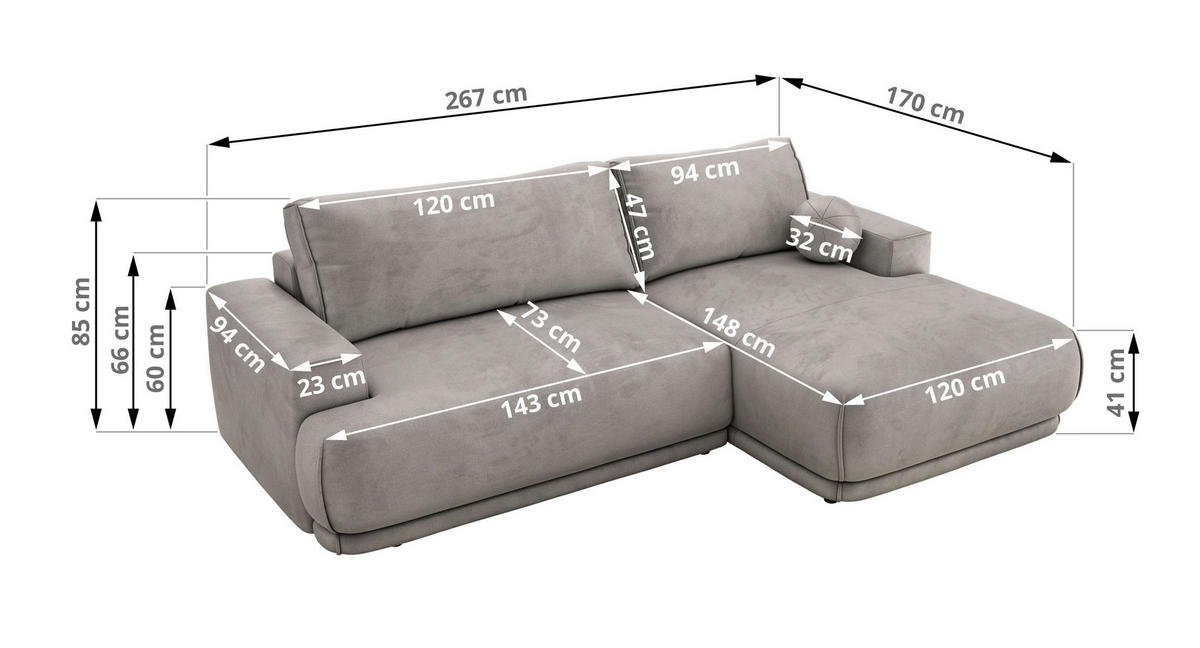 ECKSCHLAFSOFA RINA L Hellgrau Velvet - rechts - Hellgrau/Schwarz, Kunststoff/Textil (170/267cm) - MKS
