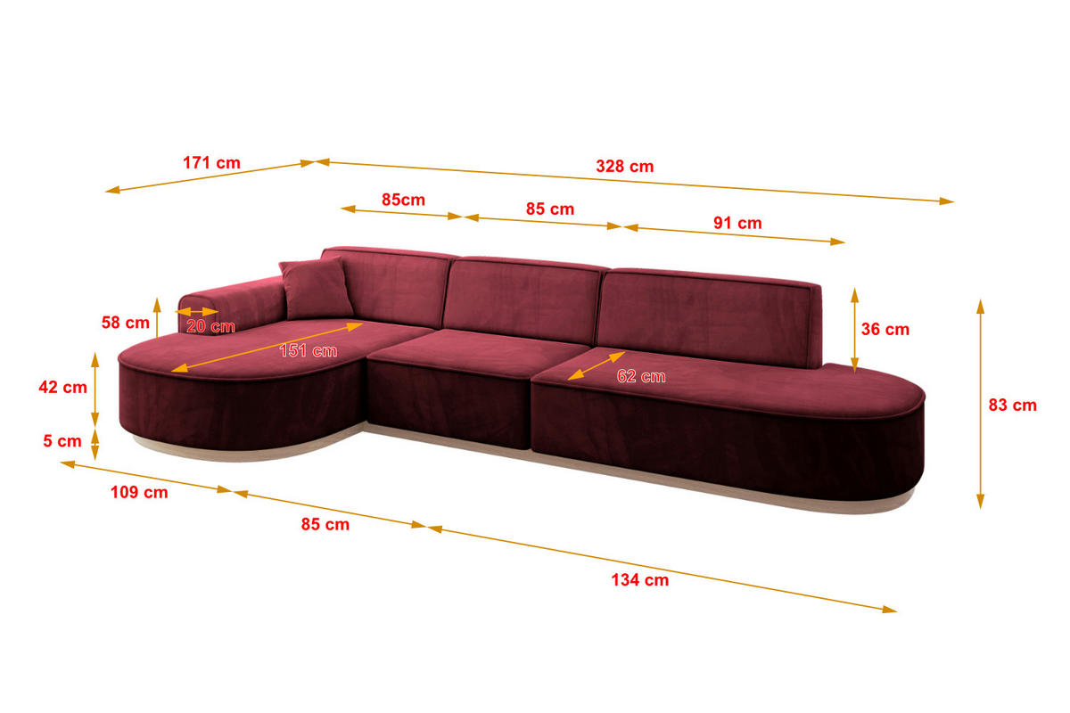 ECKSOFA Ottomane Links MARI-L2-v1 - 328x171x83 cm Bordeaux Velours - Bordeaux, Holzwerkstoff/Textil (328/171cm) - ALTDECOR