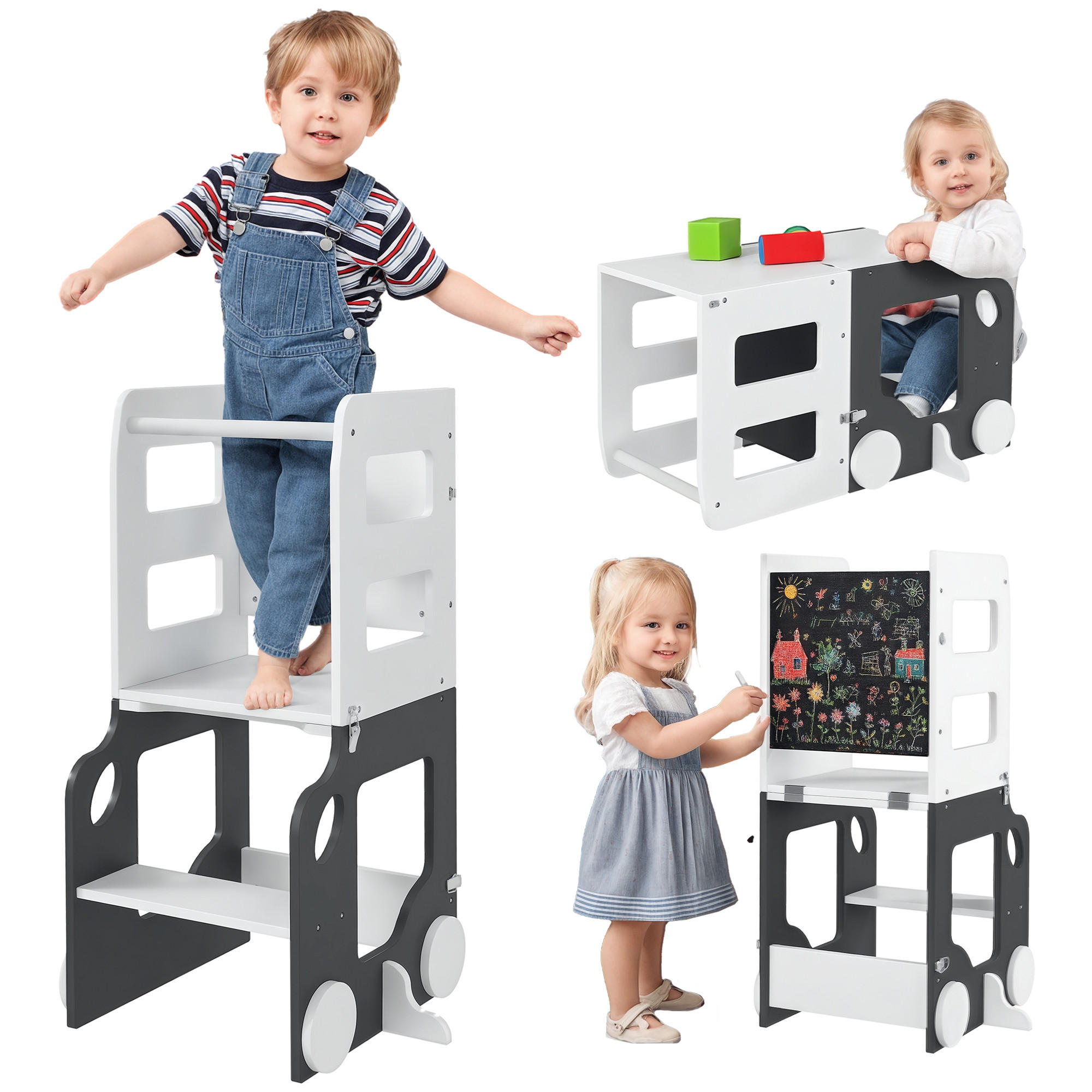 LERNTURM DE-17248 4-in-1 mit doppelseitiger Tafel & Autodesign Grau - Weiß, Holzwerkstoff (46/92/58cm) - ComfortXL