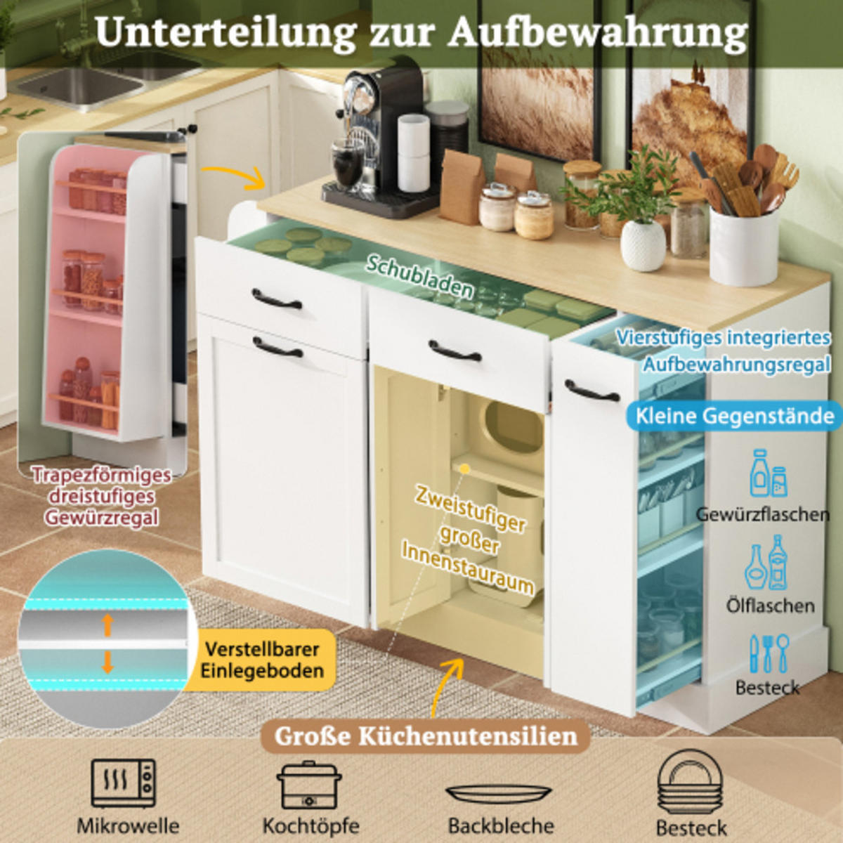 KÜCHENINSEL 133,5×40×86 cm aus MDF mit hellholzfarbener Platte & integriertem Mülleimerfach, weiß - Weiß, Holzwerkstoff (133.5/86/40cm) - Luhomfu