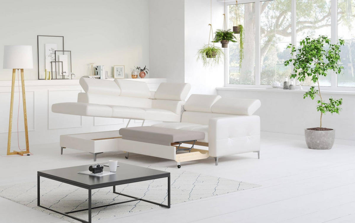 ECKSCHLAFSOFA aus Echtleder mit Schlaffunktion und Bettkasten - Chromfarben/Eiche Bianco, Leder/Holz (242/207cm) - Cotta