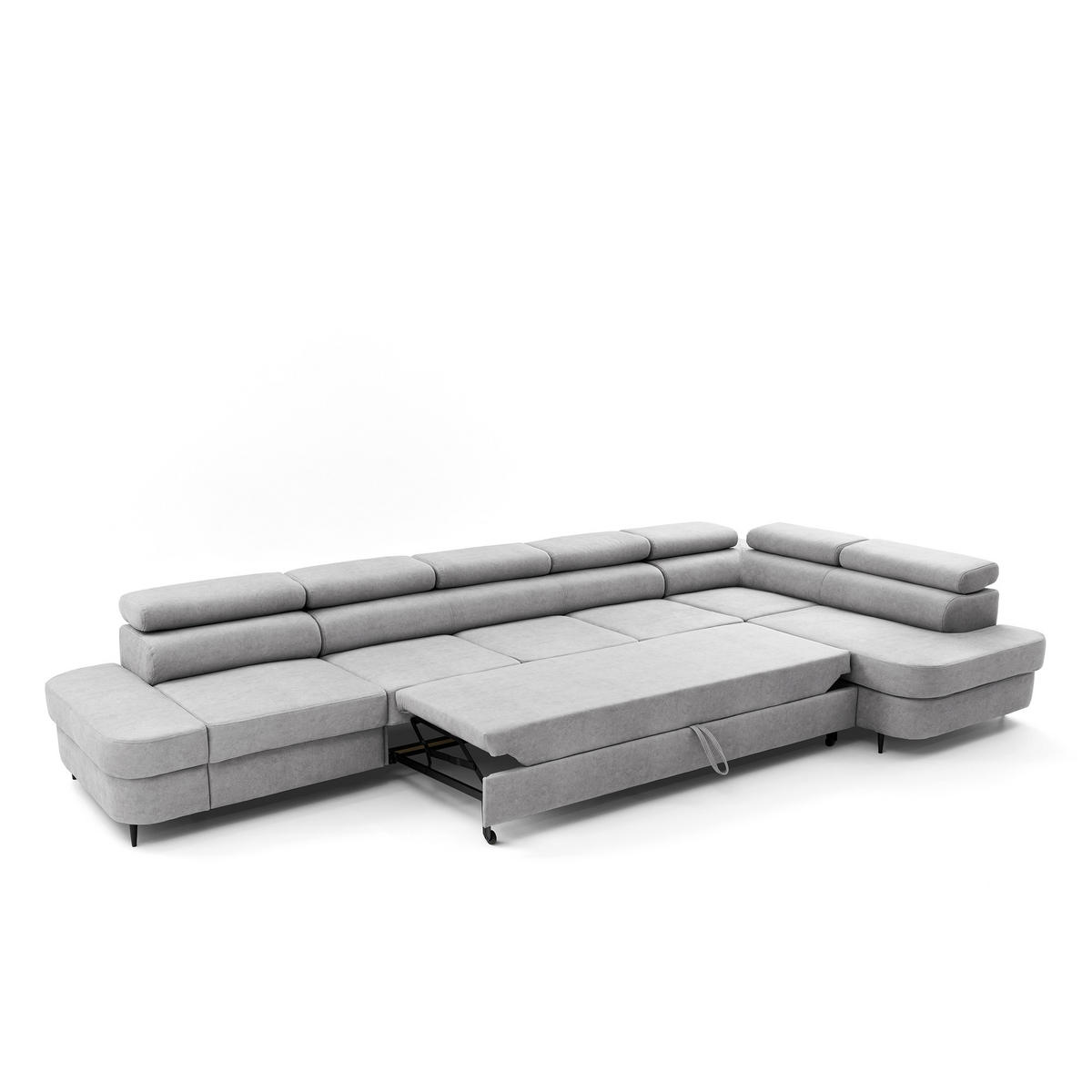 ECKSOFA PRIAM XXL L-Form Rechts mit Schlaffunktion 125x265 Velours Hellgrau - Hellgrau/Schwarz, Holz/Textil (420/203cm) - Muffo