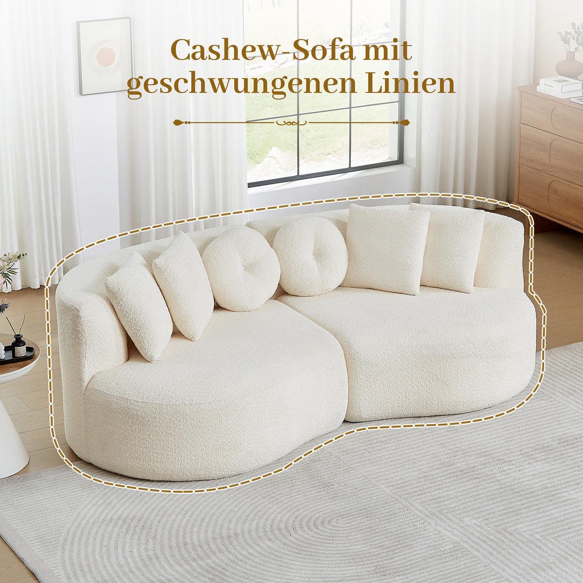 3-SITZER SOFA Geschwungenes Modulares Chenille Cashew - Beige, Textil (223/79/109cm) - Urban Meuble