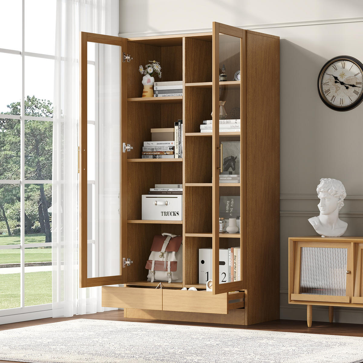 GLASVITRINE 80x40x160cm Holzfarbe Büroregal Push-To-Open-Schubladen - Naturfarben, Holz (40/160/80cm) - FLIEKS