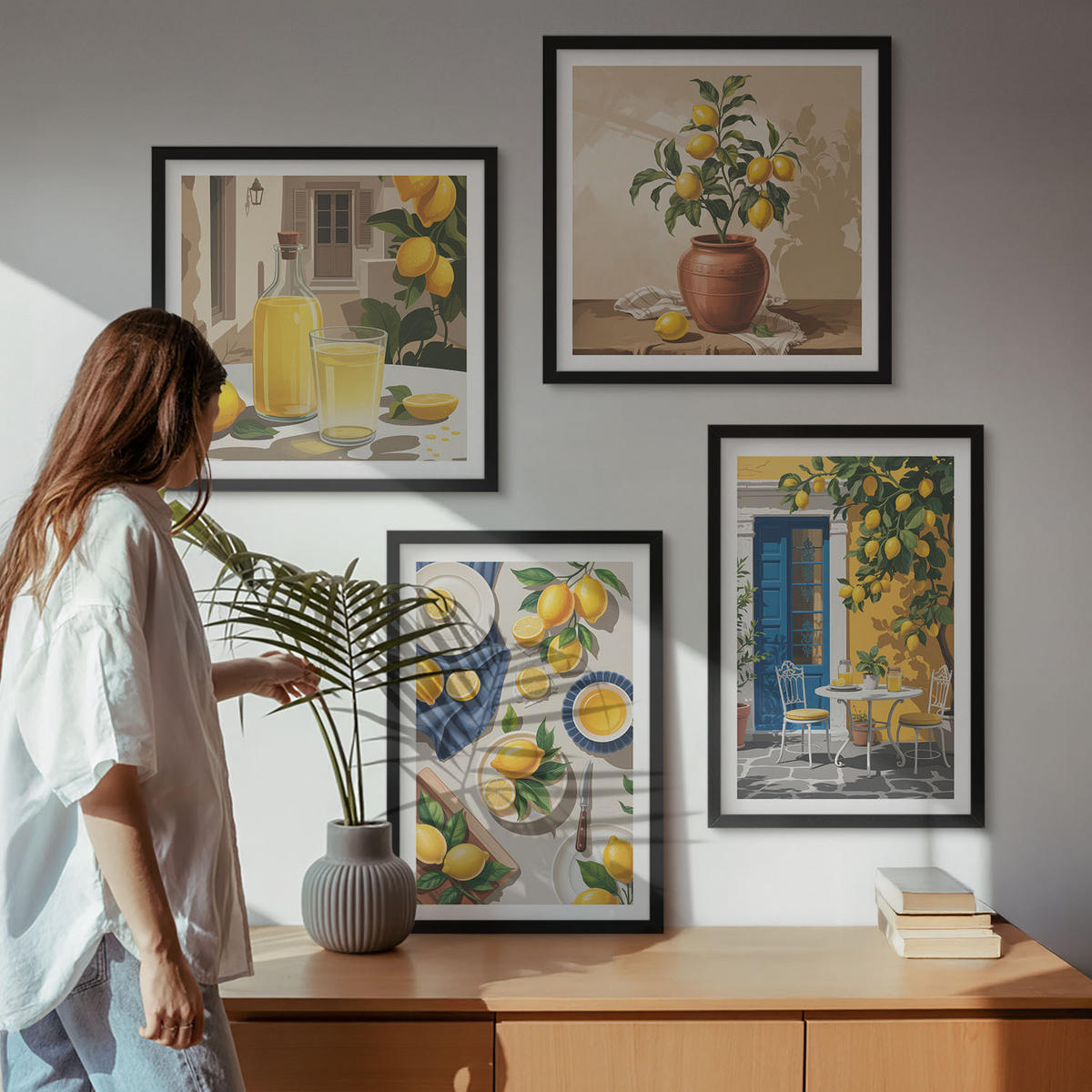 BILDER SET 4er Set - 50x50 cm & 40x60 cm Schwarzer Rahmen - Zitronengarten mit Getränken - Schwarz, Kunststoff (50/50cm) - TULUP