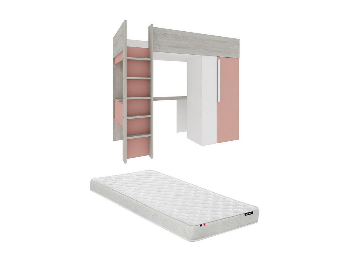 HOCHBETT mit Schreibtisch & Kleiderschrank + Matratze - 90 x 200 cm - Rosa & Weiß - NICOLAS - Pink, Holz (110/205.2cm) - Vente-Unique