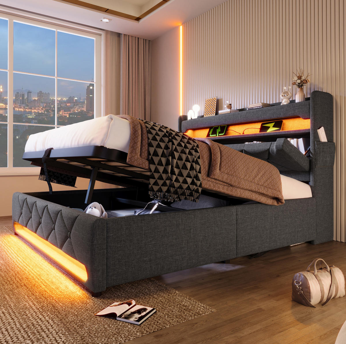 POLSTERBETT 160/200 cm Grau Stauraum mit USB- und Type-C-Anschlüssen und 360-Grad-LED-Beleuchtung - Grau, Textil (160/200cm) - OKWISH