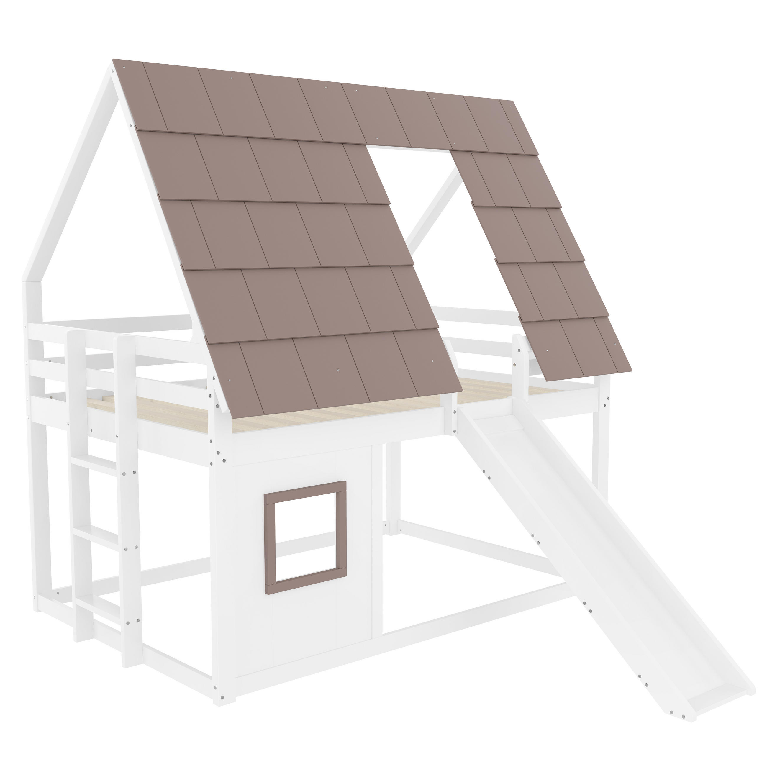 ETAGENBETT 140/200 cm DE-03378, mit Dach, Leiter und Rutsche, in Braun - Braun, Holz/Holzwerkstoff (140/200cm) - ComfortXL