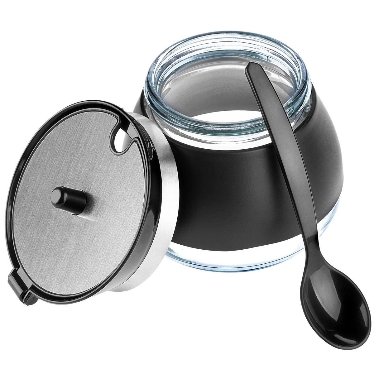 ZUCKERDOSE aus Glas mit Löffel, 270 ml, Schwarz - Schwarz, Glas (9/3.5cm) - KADAX