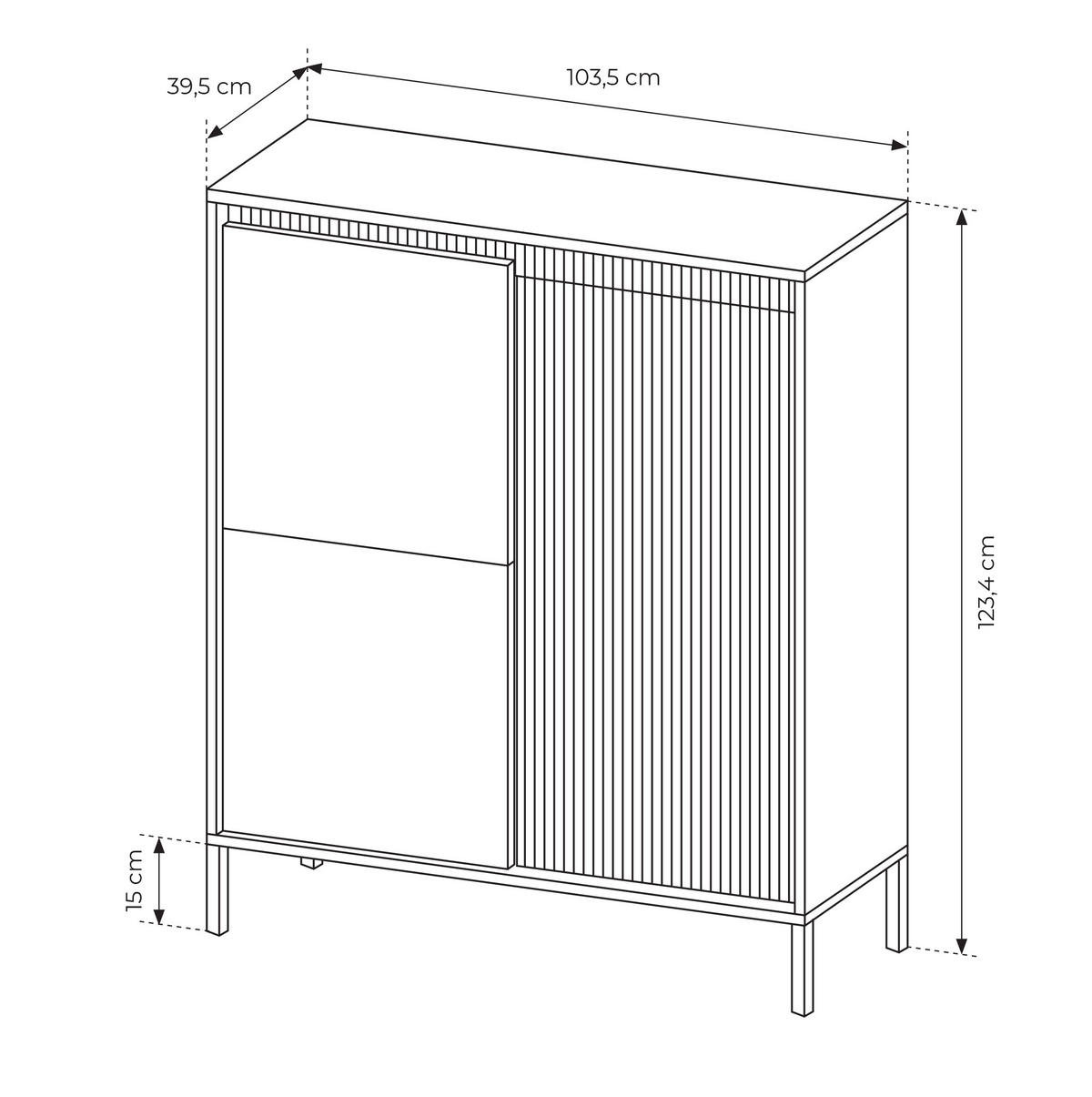 HIGHBOARD Trentinis 3T Schwarz 103,5/123,4/39,5 cm – Geriffelten Fronten - Schwarz, Holzwerkstoff/Metall (103.5/123.4/39.5cm) - AX Living