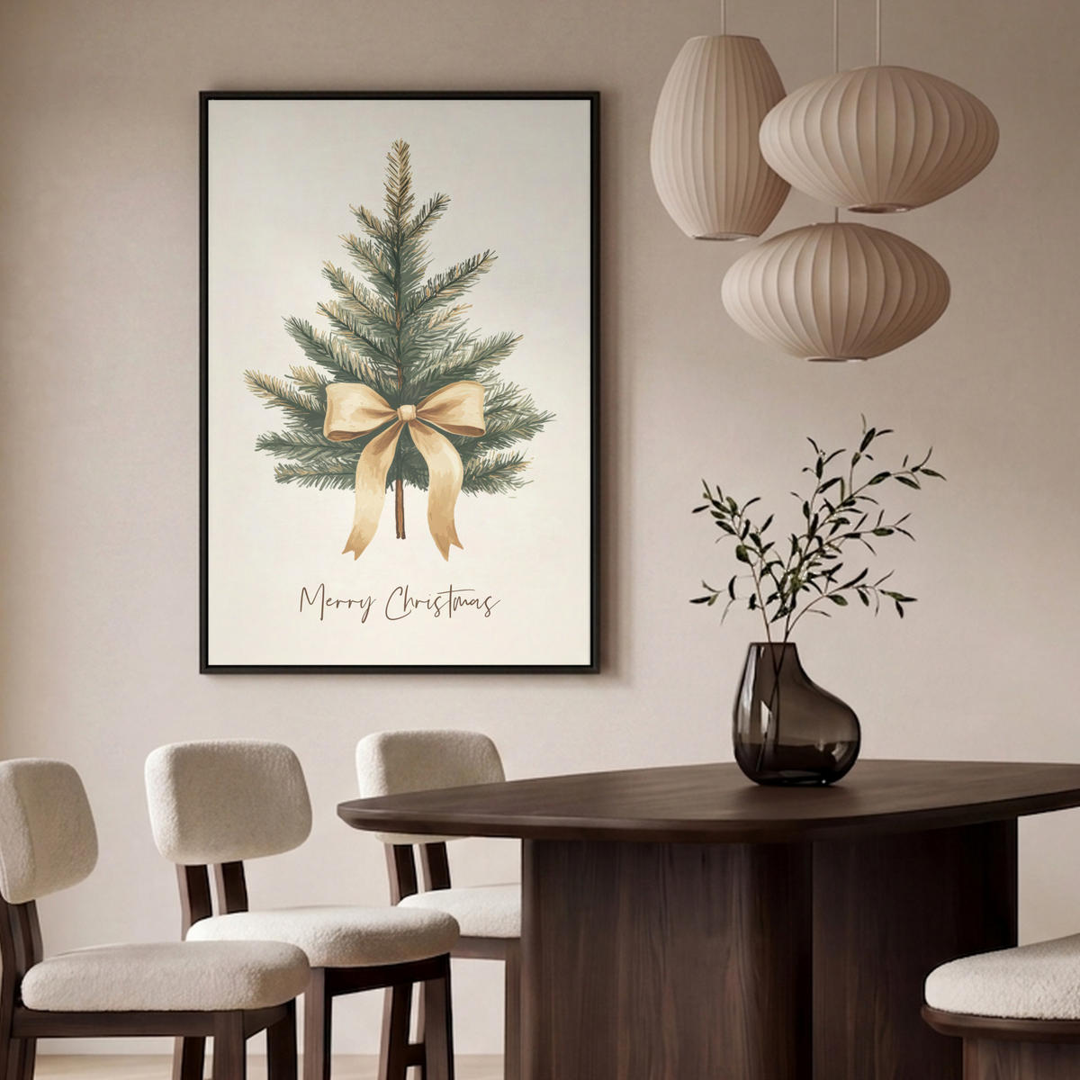 LEINWAND Bilder mit Rahmen - Weihnachtsbaum - Weihnachten - Frohe Weihnachten - Beige - 90x140 - Sandfarben, Textil (90/140cm) - MuchoWow