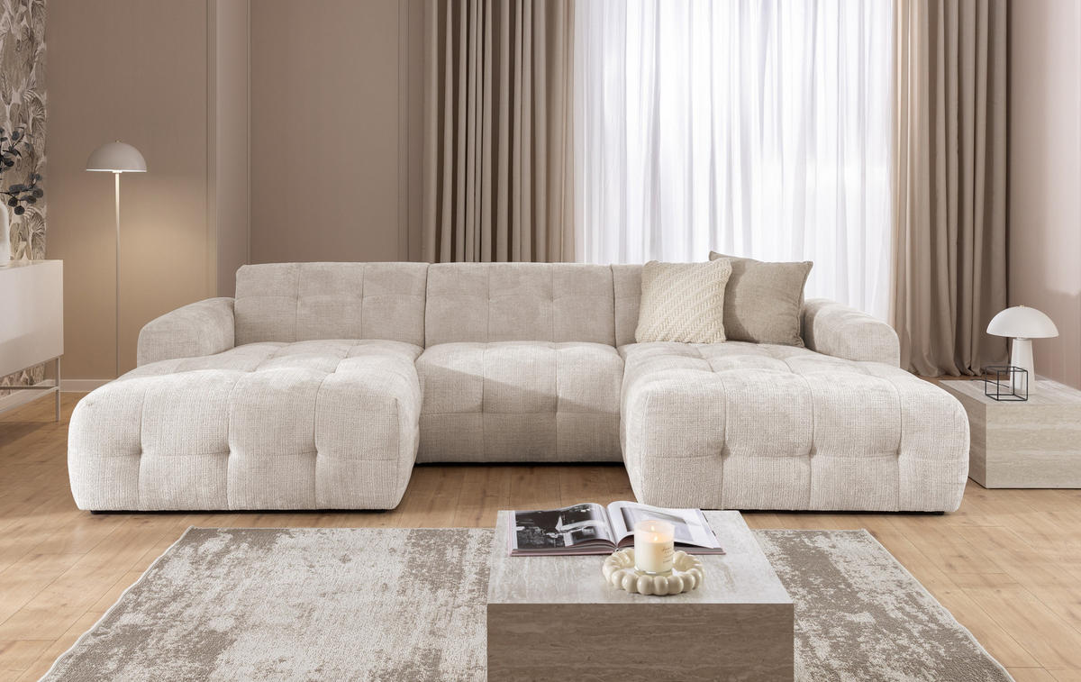 WOHNLANDSCHAFT in U-Form mit raffinierten Steppungen, 6-Sitzer, Wellenunterfederung, B323/T161/H79 cm, Chenille-Bezug in Beige / 21047 - Beige/Schwarz, Kunststoff/Textil (323/79/161cm) - luma-home