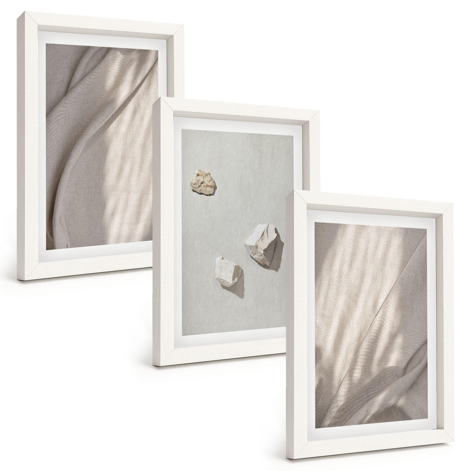 BILDER SET 3er Set - 20x30 cm Weißer Rahmen - Nahaufnahmen der Struktur im Boho-Stil - Weiß, Kunststoff (20/30cm) - TULUP