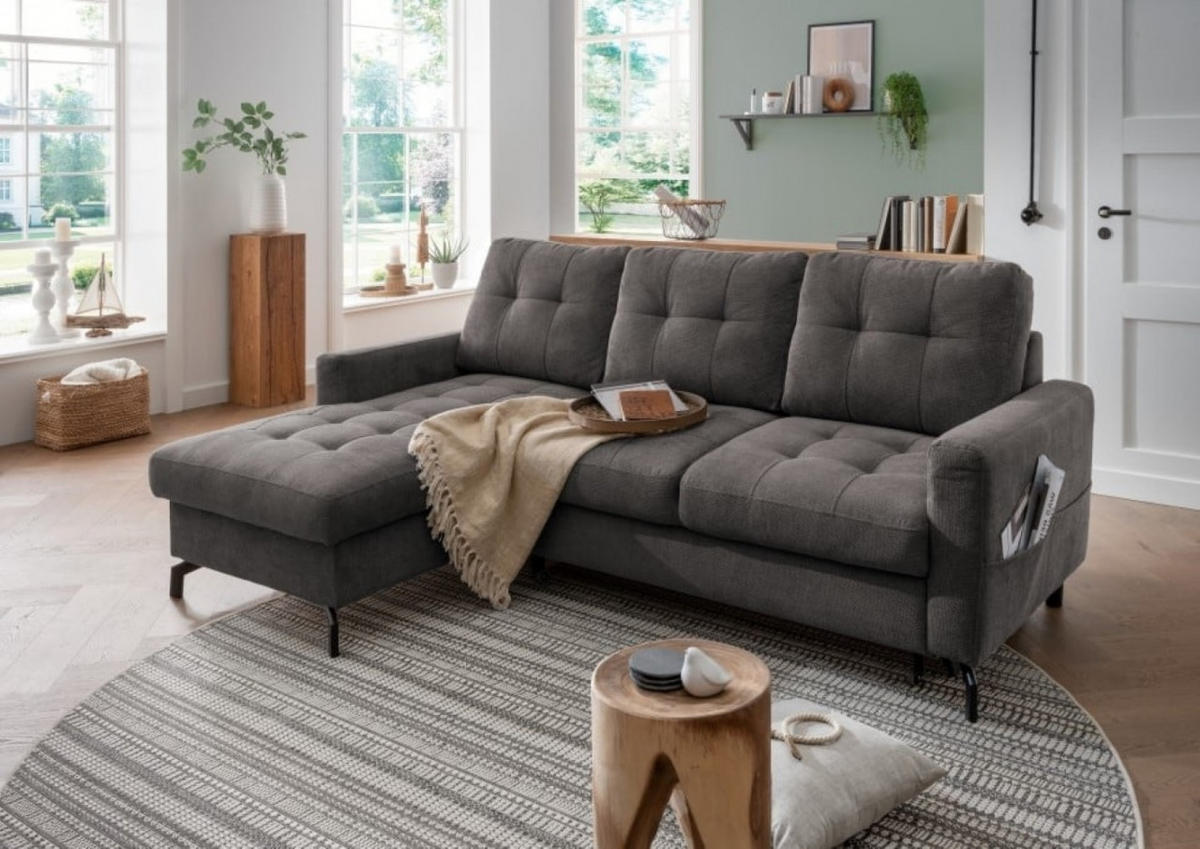 ECKSOFA mit Schlaffunktion und Bettkasten, Luxus-Mikrofaser - Anthrazit/Schwarz, Textil/Metall (230/150cm) - myHomelando