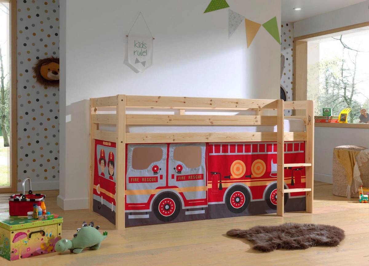 KINDERBETT Karolina 210x114x106 Massivholz Natur Textilset Feuerwehr - Kieferfarben/Dunkelrot, Holz (90/200cm) - 58aufmkessel
