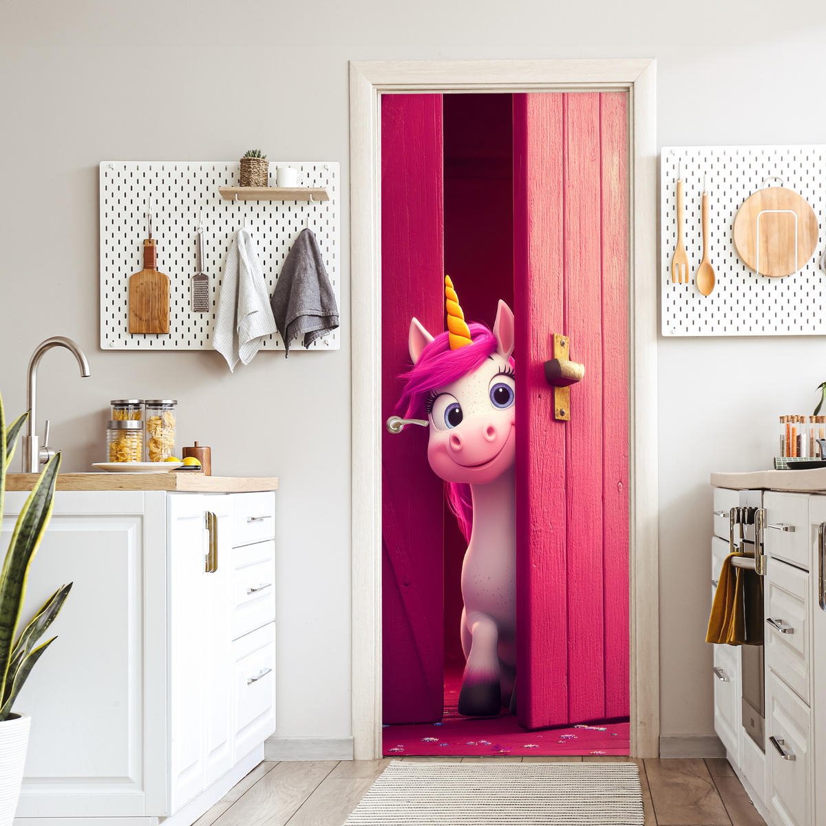 NÁLEPKA NA DVERE Jednorožec - Ružová - Dvere - Fantázia 80x215 cm - pink, plast (80/0.1cm) - MuchoWow