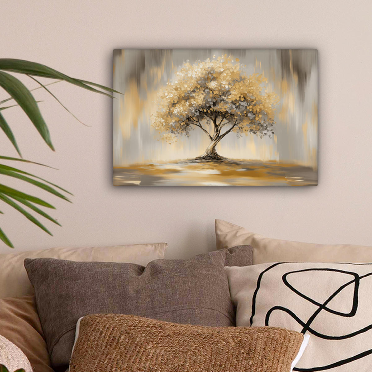 LEINWANDBILD Gemälde - Baum - Abstrakt - Blätter Deko Schlafzimmer 30x20 cm - Beige, Textil (30/20cm) - MuchoWow