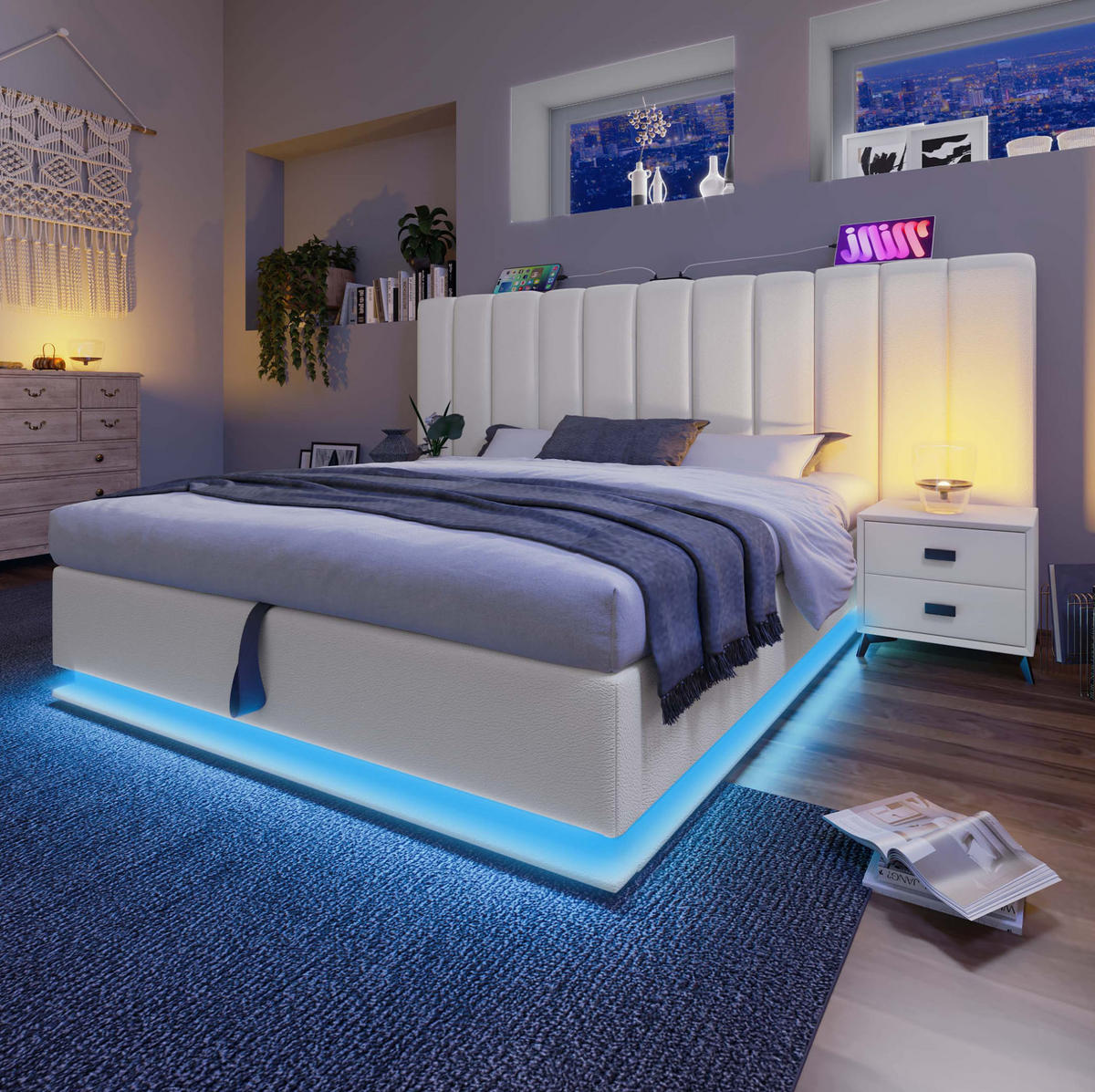 POLSTERBETT 160/200 cm mit LED-Beleuchtung, USB-C und hydraulischem Stauraum, PU, Weiß - Weiß, Textil (160/200cm) - Redom