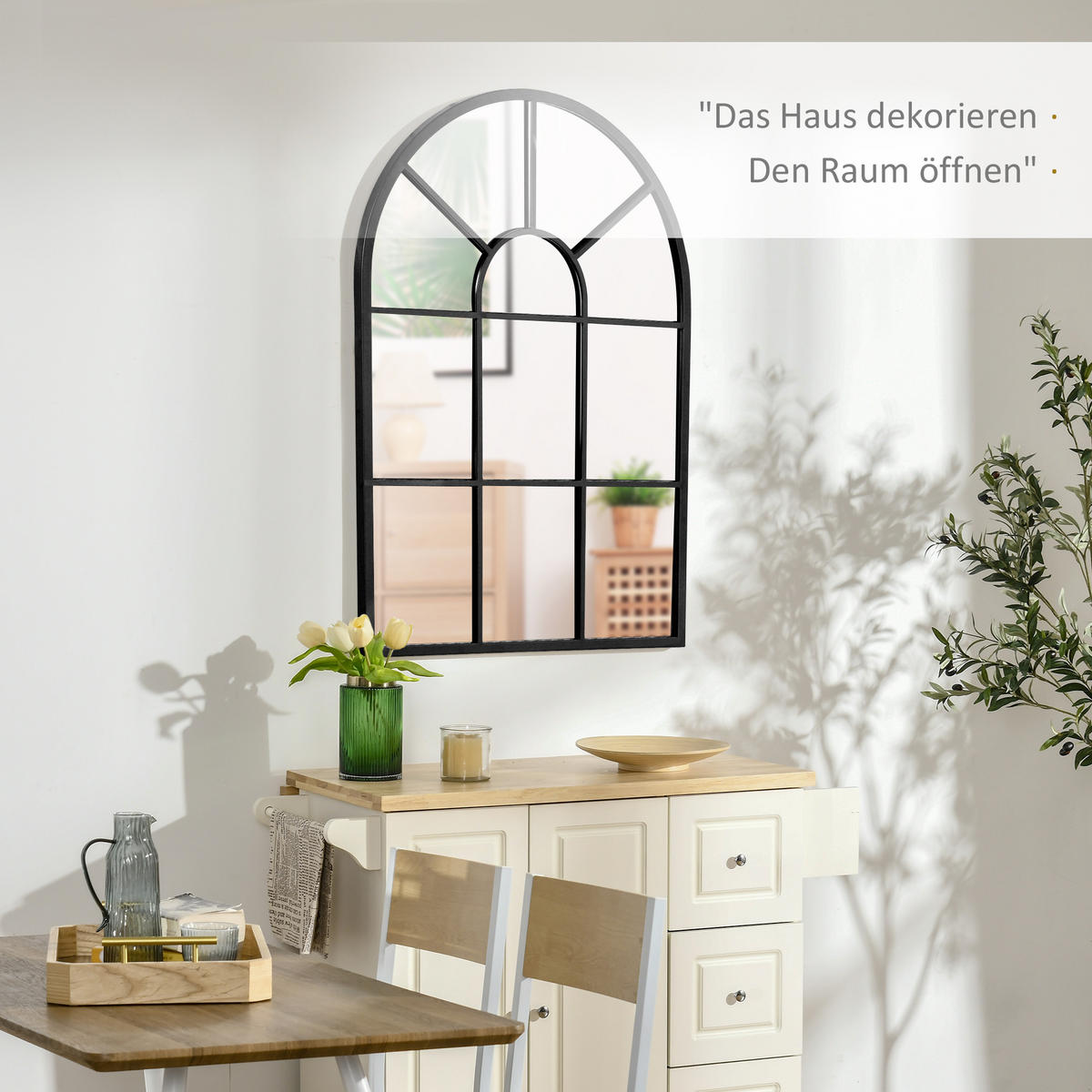 91 x 60 cm Wandspiegel Bogenfenster-Spiegel Wohnzimmerspiegel Schwarz Metall - Schwarz, Glas/Metall (2/60/91cm) - HOMCOM