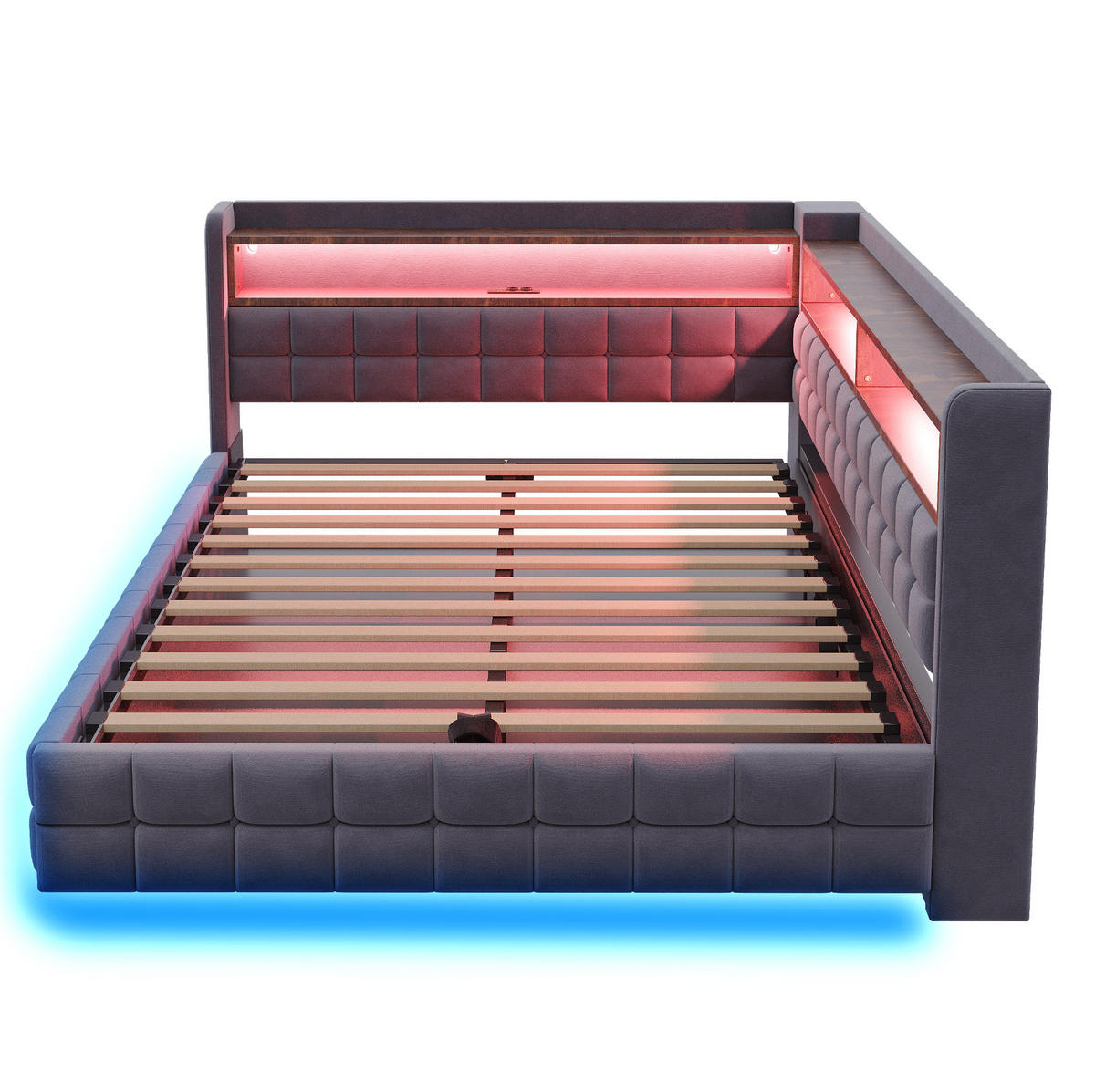 POLSTERBETT 140/200 cm aus Samt mit Stauraum, LED, USB, Grau - Grau, Textil (140/200cm) - OKMYHOME