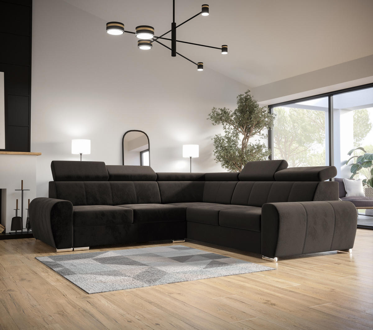 ECKSOFA APOLLO,mit Schlaffunktion und Bettkasten, Farbe: Schwarz, Kunstleder, Ottomane Rechts - Schwarz, Textil (255/255cm) - O-Sofa