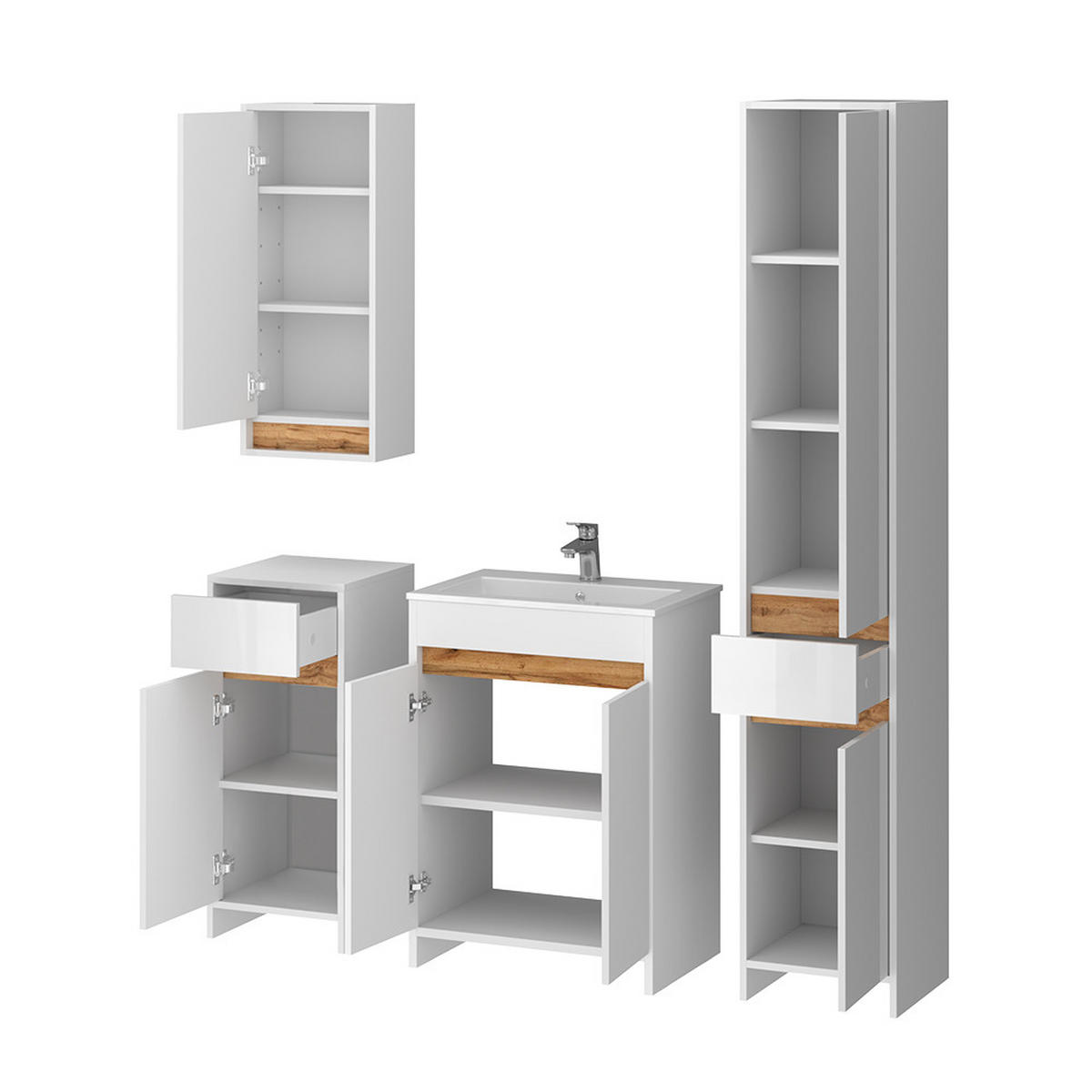 BADMÖBEL-SET Lemgo Weiß Hochglanz 5er-Set - Honigeiche/Weiß Hochglanz, Holzwerkstoff (59.6/81.9/40cm) - Vicco