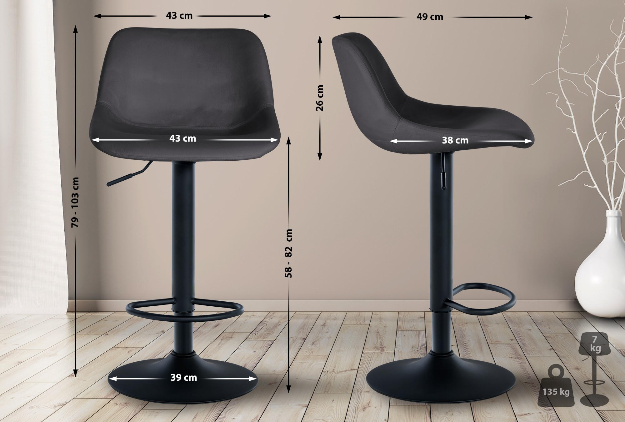 BARHOCKER 2er Set Samt dunkelgrau - Dunkelgrau/Schwarz, Textil/Metall (43/79/49cm) - CLP