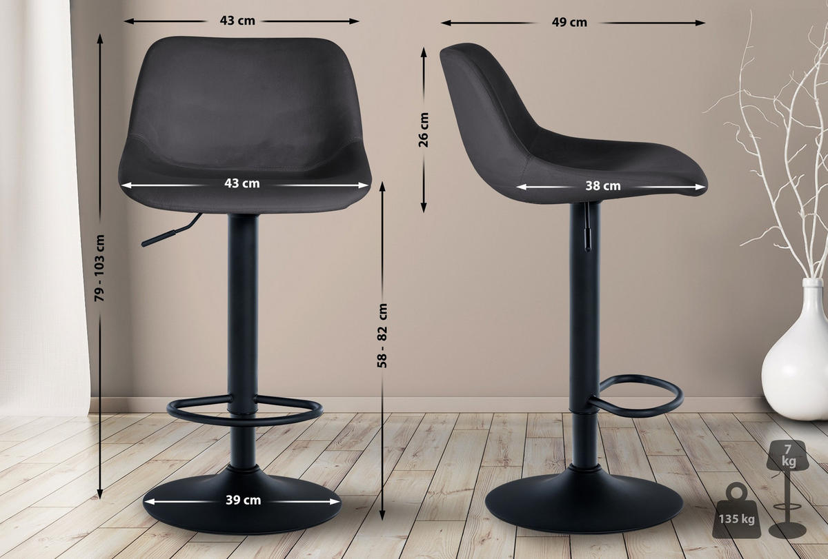BARHOCKER 2er Set Samt dunkelgrau - Dunkelgrau/Schwarz, Textil/Metall (43/79/49cm) - CLP