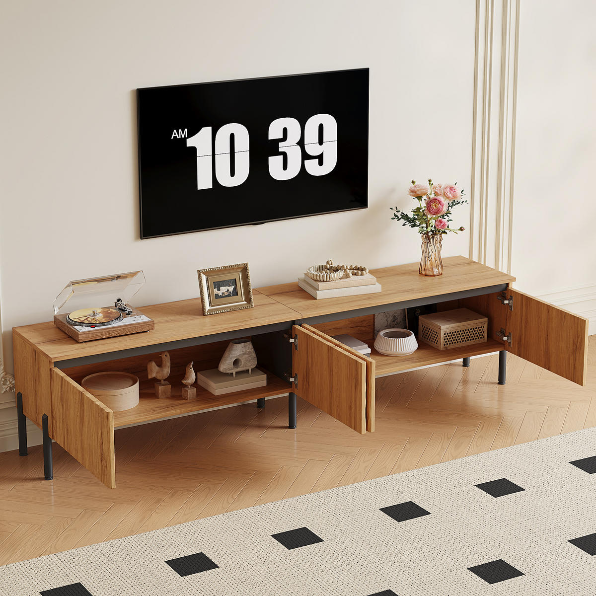 TV-RACK 180x35x43cm Wellenoptik-Naturfarben mit 4 Türen und Metallfüßen - Naturfarben, Holz (42.8/21.79/102.01cm) - Raelunyi