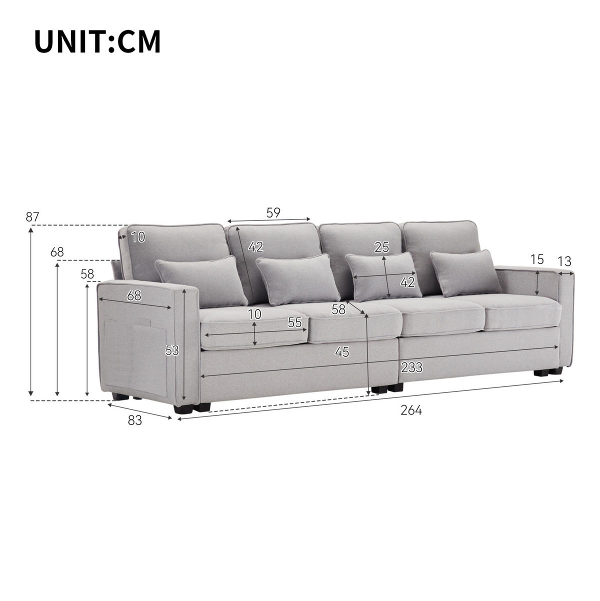 4-SITZER Sofa Leinenstoff mit Taschen an Armlehnen und 4 Kissen 264/83/87 cm Hellgrau - Hellgrau, Textil (87/264/83cm) - Redom