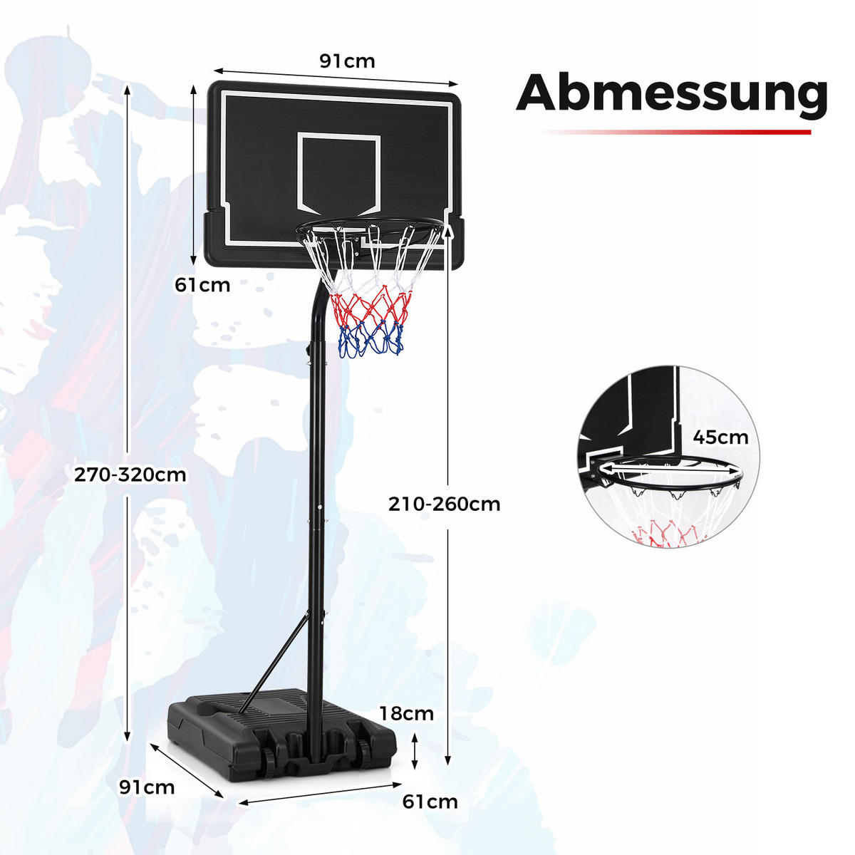 TRAGBARER BASKETBALLKORB Schwarz - Schwarz, Metall (61/91cm) - COSTWAY