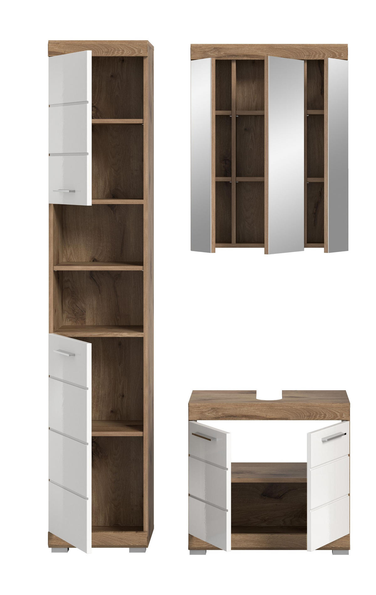 BADKOMBINATION 3tlg. Wave Bad in Nox Oak Nachbildung und weiß hochglanz B/H/T: 112x191x34 cm - Eichefarben, Holz (112/191/34cm)