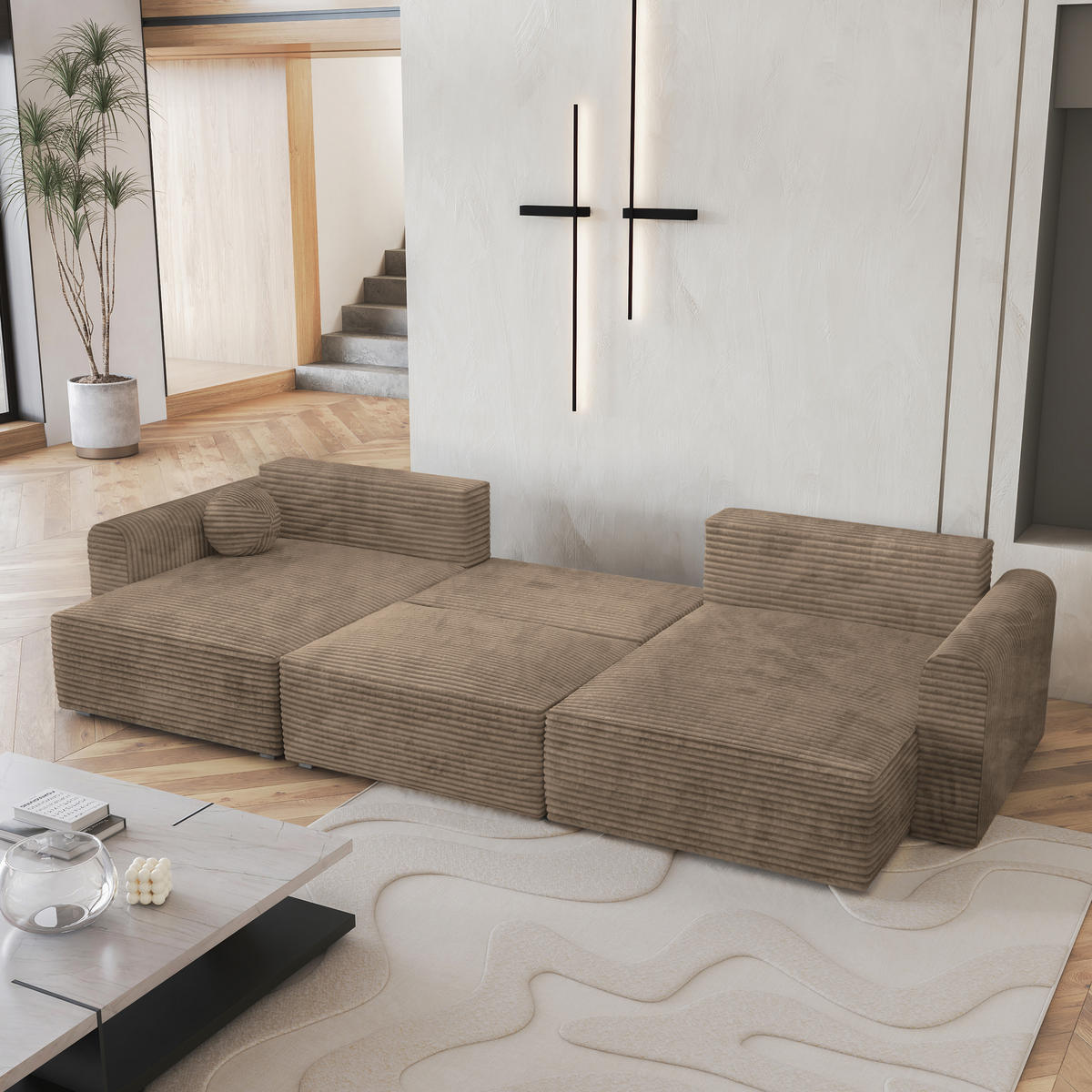 WOHNLANDSCHAFT FENTO Beige Kordstoff mit Schlaffunktion - Beige, Holz (347/90/148cm) - MASSENO