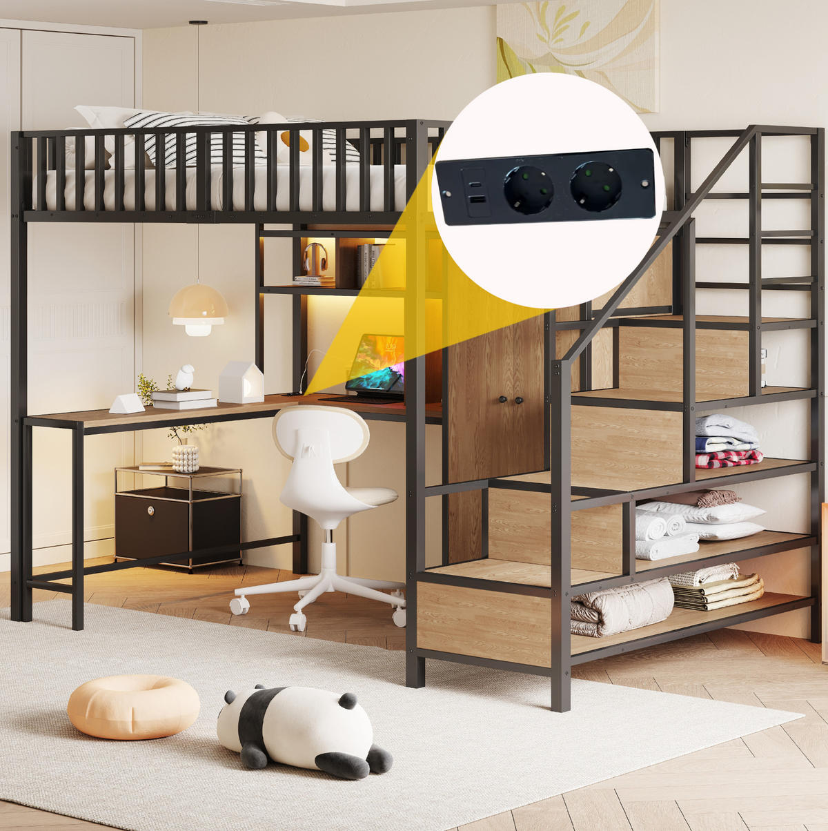 HOCHBETT 140/200 cm aus Metall/MDF mit Schreibtisch, Kleiderschrank, LED und Ladefunktion Schwarz - Schwarz, Metall (140/200cm) - Modenvie