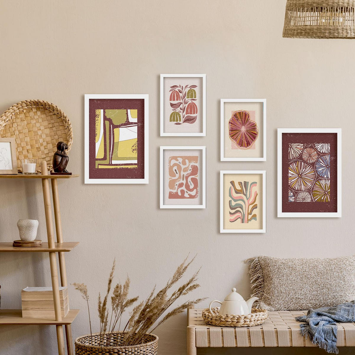POSTER Set Mit 6 Drucken Mit Bürgersteig In Der Sammlung Ethnischer Style Drucke Dekorative Rahmen Für Zuhause Wandkunstdruck A3 & A4 Weißer Rahmen - Weiß, Papier (29/3cm) - Nacnic