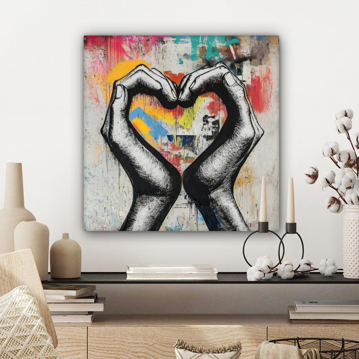 OBRAZ NA PLÁTNE Ruky - Srdce - Street art - Graffiti 50x50 cm - viacfarebná, textil (50/50cm) - MuchoWow