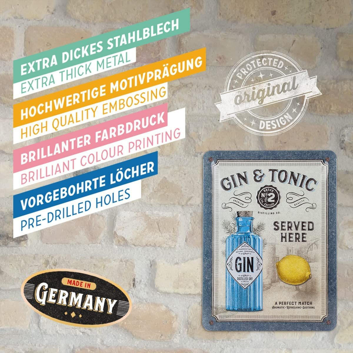 BLECHSCHILD 15/20 cm Open Bar Gin & Tonic Served Here - Multicolor, Metall (15/20/0.5cm) - Nostalgic-Art