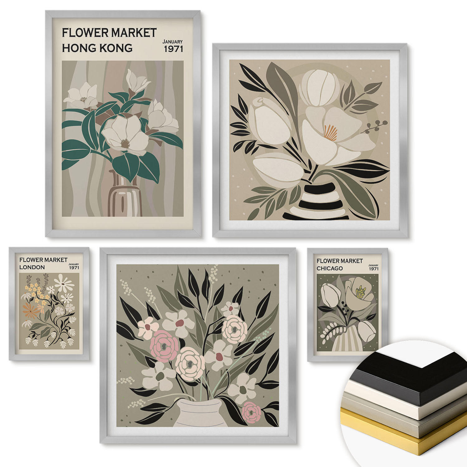 WANDBILDER 5er Set - 50x50 cm & 20x30 cm & 40x60 cm Silberner Rahmen - Blumenillustrationen London Hongkong - Silberfarben, Kunststoff (40/60cm) - ArtPrintCave